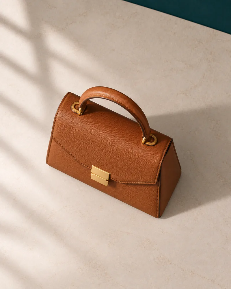 Bolsa de couro fotografada de cima, em ângulo torto