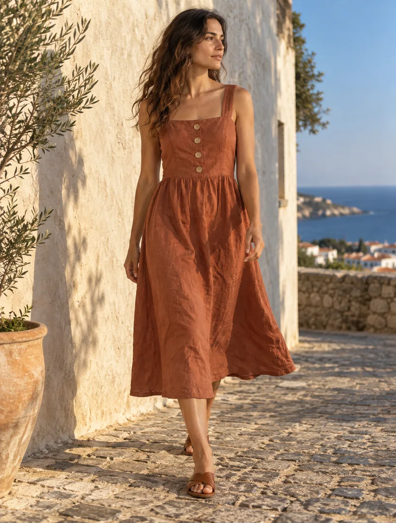 O mesmo vestido em foto de campanha, na luz do fim de tarde